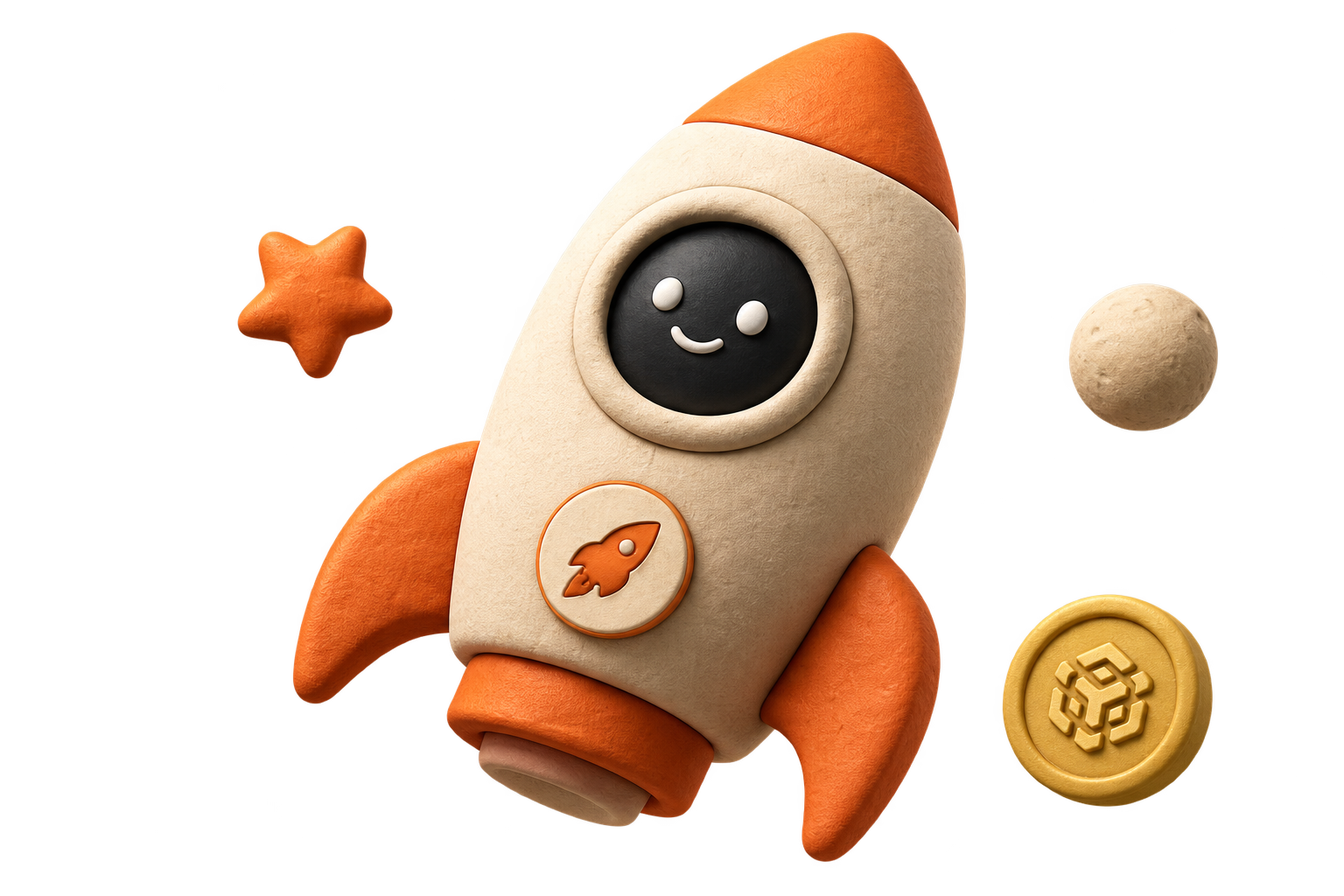 A smiling cream and orange clay rocket with a star, moon and coin